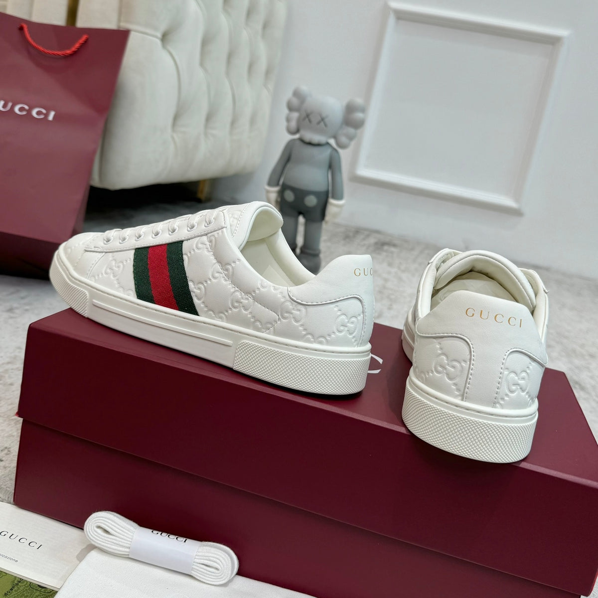 Gucci Men's Casual Sneakers | White, Red & Black