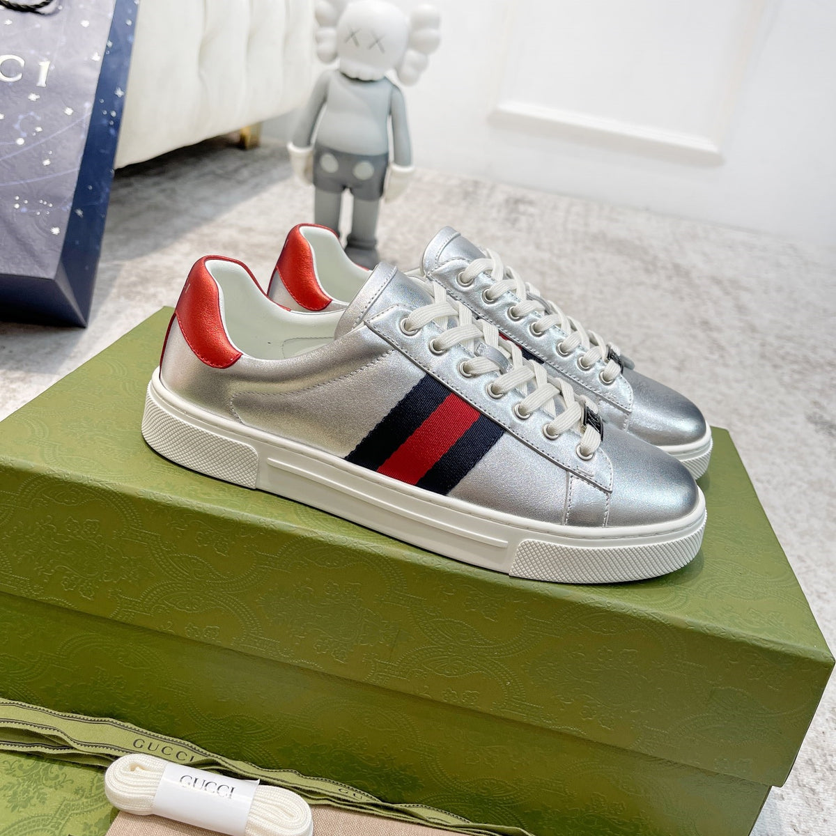 Gucci Men's Casual Sneakers | Silver, White & Black