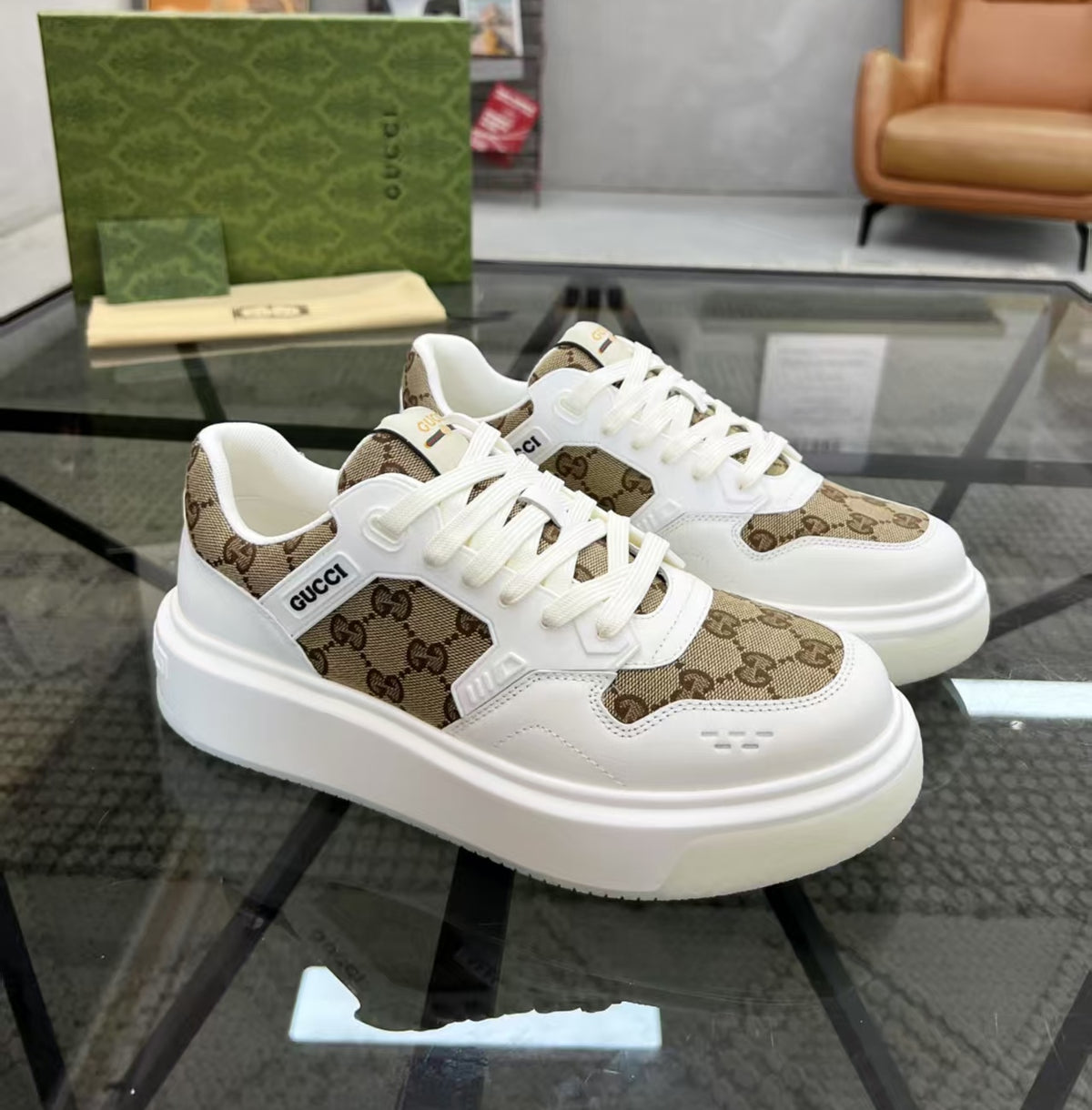 Gucci Men's Casual Sneakers | Brown, White, Black & Blue